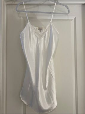 Vintage White Satin Slip Dress with Lace Trim